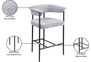 Meridian Furniture Malin Upholstered Counter Stool with Matte Black Iron Frame for Kitchen Islands and Home Bars Grey Boucle Fabric 412Grey-C