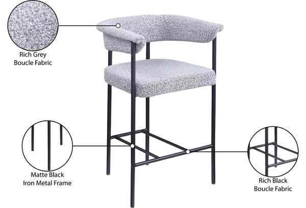 Meridian Furniture Malin Upholstered Counter Stool with Matte Black Iron Frame for Kitchen Islands and Home Bars Grey Boucle Fabric 412Grey-C