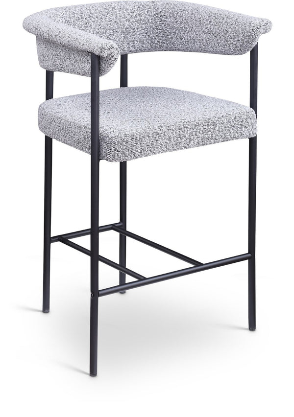 Meridian Furniture Malin Upholstered Counter Stool with Matte Black Iron Frame for Kitchen Islands and Home Bars Grey Boucle Fabric 412Grey-C