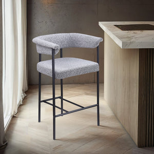 Meridian Furniture Malin Upholstered Counter Stool with Matte Black Iron Frame for Kitchen Islands and Home Bars Grey Boucle Fabric 412Grey-C