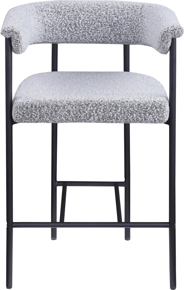 Meridian Furniture Malin Upholstered Counter Stool with Matte Black Iron Frame for Kitchen Islands and Home Bars Grey Boucle Fabric 412Grey-C
