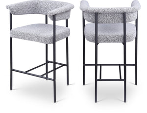 Meridian Furniture Malin Upholstered Counter Stool with Matte Black Iron Frame for Kitchen Islands and Home Bars Grey Boucle Fabric 412Grey-C