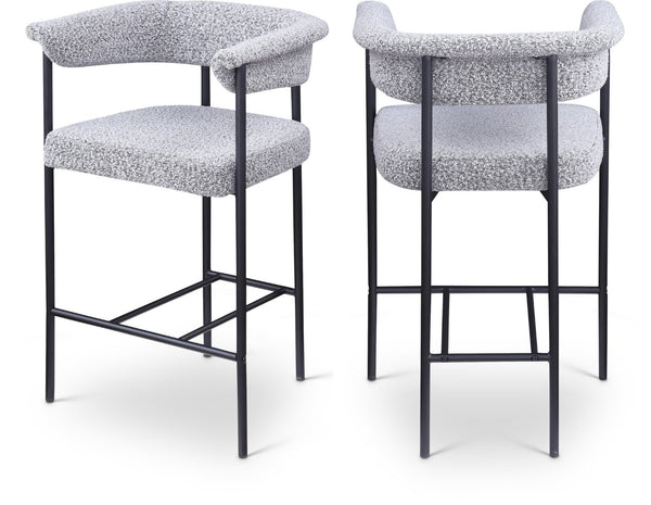Meridian Furniture Malin Upholstered Counter Stool with Matte Black Iron Frame for Kitchen Islands and Home Bars Grey Boucle Fabric 412Grey-C