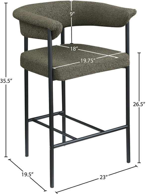 Meridian Furniture Malin Upholstered Counter Stool with Matte Black Iron Frame for Kitchen Islands and Home Bars Olive Boucle Fabric 412Olive-C