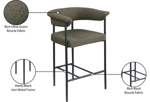 Meridian Furniture Malin Upholstered Counter Stool with Matte Black Iron Frame for Kitchen Islands and Home Bars Olive Boucle Fabric 412Olive-C