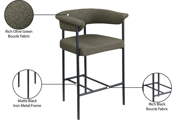 Meridian Furniture Malin Upholstered Counter Stool with Matte Black Iron Frame for Kitchen Islands and Home Bars Olive Boucle Fabric 412Olive-C
