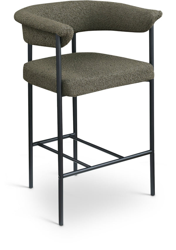 Meridian Furniture Malin Upholstered Counter Stool with Matte Black Iron Frame for Kitchen Islands and Home Bars Olive Boucle Fabric 412Olive-C