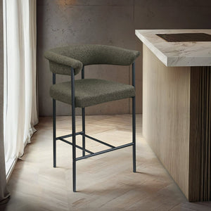 Meridian Furniture Malin Upholstered Counter Stool with Matte Black Iron Frame for Kitchen Islands and Home Bars Olive Boucle Fabric 412Olive-C