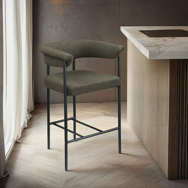 Meridian Furniture Malin Upholstered Counter Stool with Matte Black Iron Frame for Kitchen Islands and Home Bars Olive Boucle Fabric 412Olive-C
