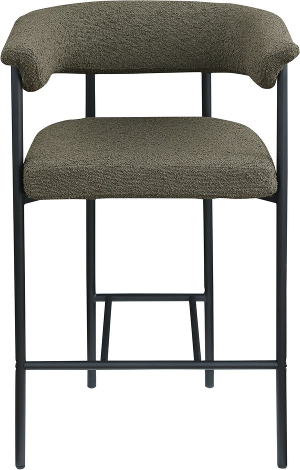 Meridian Furniture Malin Upholstered Counter Stool with Matte Black Iron Frame for Kitchen Islands and Home Bars Olive Boucle Fabric 412Olive-C