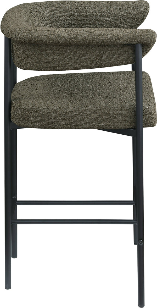 Meridian Furniture Malin Upholstered Counter Stool with Matte Black Iron Frame for Kitchen Islands and Home Bars Olive Boucle Fabric 412Olive-C