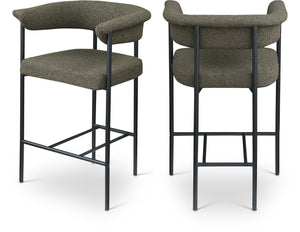 Meridian Furniture Malin Upholstered Counter Stool with Matte Black Iron Frame for Kitchen Islands and Home Bars Olive Boucle Fabric 412Olive-C