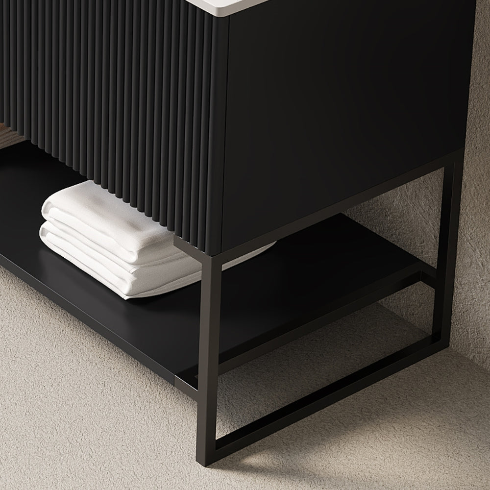 English Elm TULIO 48" Freestanding Bathroom Cabinet in Black with Carrara Sintered Stone Top, 3 Drawers & Shelf W2615P279389