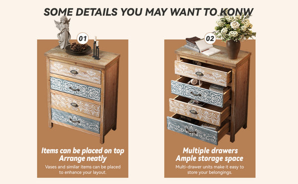 English Elm Vintage Bohemian Four Drawer Chest Distressed Solid Wood Floral Scroll Bedroom Storage W2295P414113
