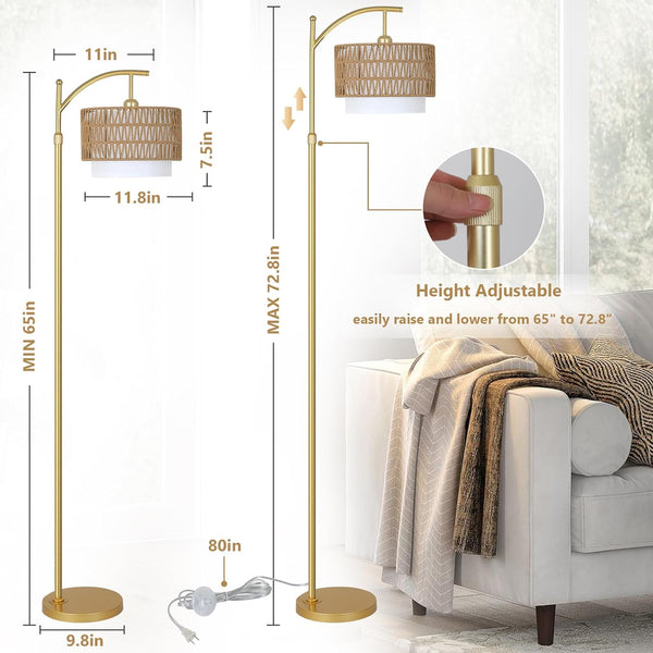 English Elm Gold Boho Floor Lamp with Remote Dimmable LED, Dual Rattan & Fabric Shades, Adjustable Arc Light Brown+Gold W2738P185403