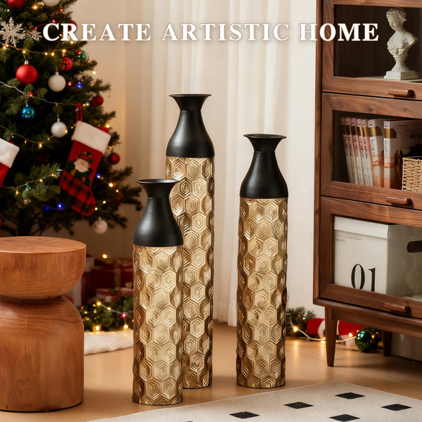 English Elm Floor Metal Vases Set Of 3 - Elegant White And Gold Decor For Modern Home Interiors, 24.8-33.8In W2796P234276