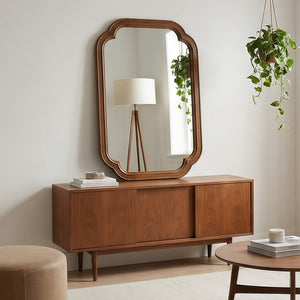 English Elm Black Walnut Solid Wood Frame Mirror with Rounded Corners for Bedroom or Entryway W2203P455260