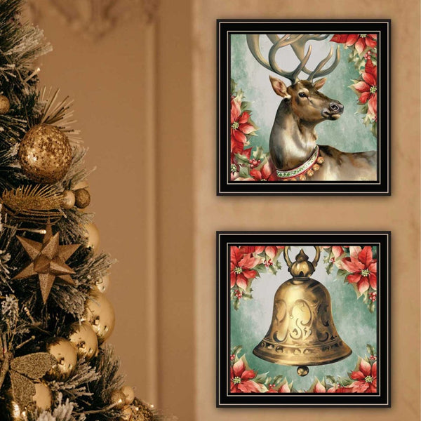 English Elm Trendy Decor 4u Holiday Reindeer Bell Two Panel Framed Art for Seasonal Wall Display B067P252300