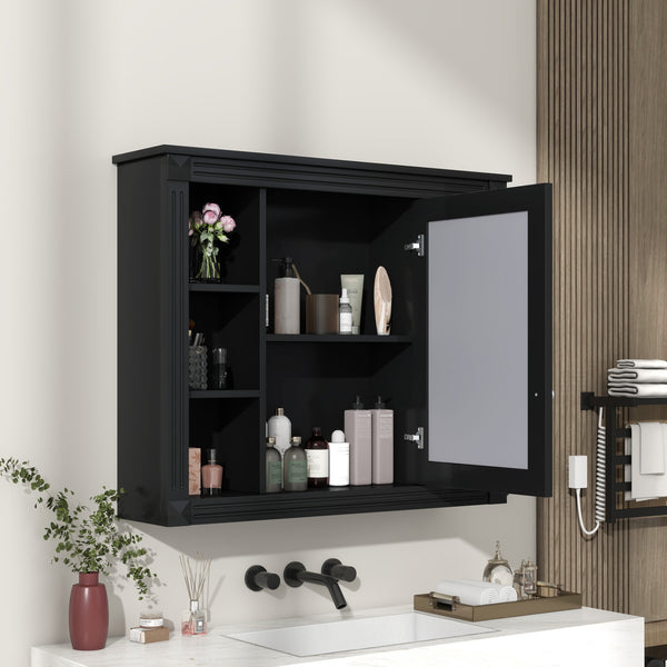 English Elm 35'' Modern Wall Medicine Cabinet with Mirror, Black MDF Storage, Soft-Close Hinges, Towel Rod, Adjustable Shelves N710P197128B