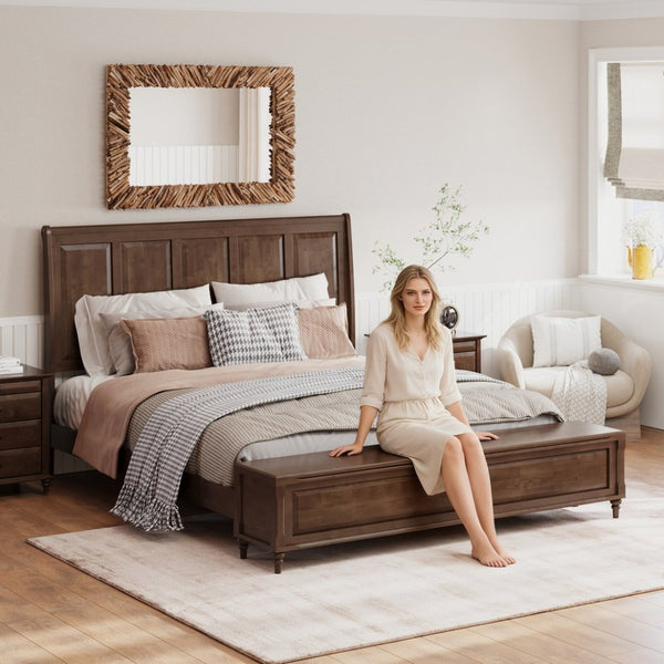 English Elm Queen Sleigh Bed Solid Rubberwood Walnut Finish Curved Headboard Footboard Storage Bench Walnut Brown W1716S00036