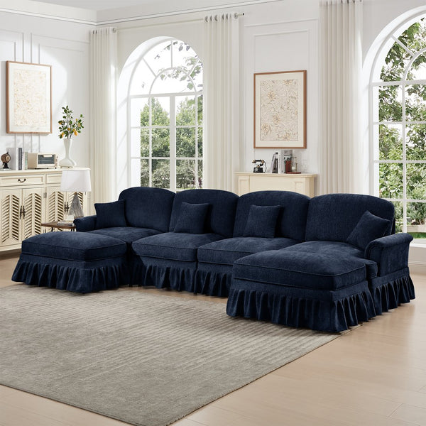 English Elm Classic U-Shape 4-Seater Modular Sectional Sofa In Soft Chenille With Ruffled Skirts & Spindle Legs W3041S00262
