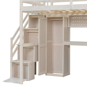 English Elm Full Loft Bed with Integrated Wardrobe Desk Shelving and Led Lighting for Teen Rooms Beige LT000927AAA