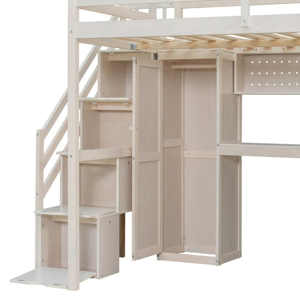 English Elm Full Loft Bed with Integrated Wardrobe Desk Shelving and Led Lighting for Teen Rooms Beige LT000927AAA