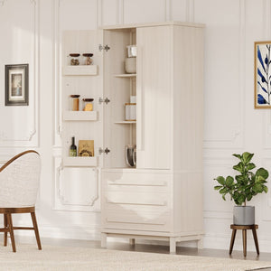 English Elm 70" Tall Pantry Cabinet Rubberwood Legs Three Drawers Six Door Shelves Kitchen Storage White N762P326960K