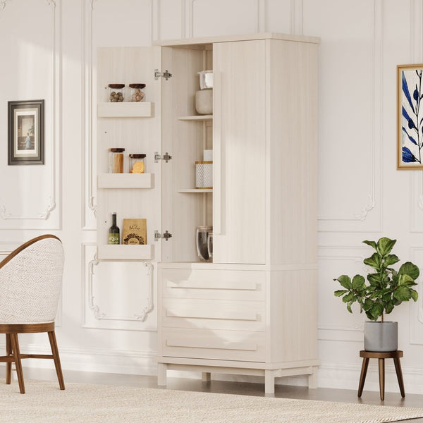 English Elm 70" Tall Pantry Cabinet Rubberwood Legs Three Drawers Six Door Shelves Kitchen Storage White N762P326960K