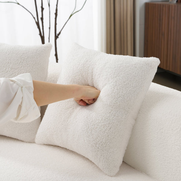 English Elm Curved Four-Seater Teddy Velvet Sofa with Full-Compression Sponge and Spring Support, No-Assembly, Compact White W3612S00001