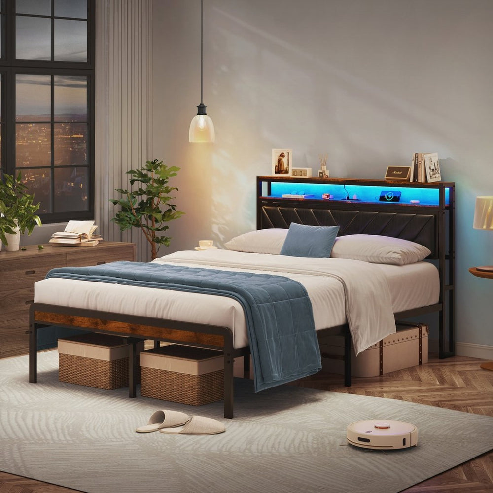 English Elm Queen Metal Platform Bed Adjustable Headboard Led Lighting Usb Charging Industrial W1903P195337