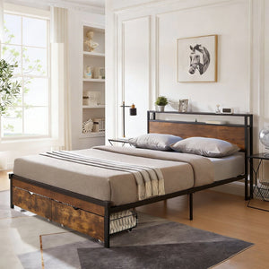 English Elm Queen Storage Bed Wood Headboard Metal Frame Usb Charging Two Under Drawer Bedroom W311S00063