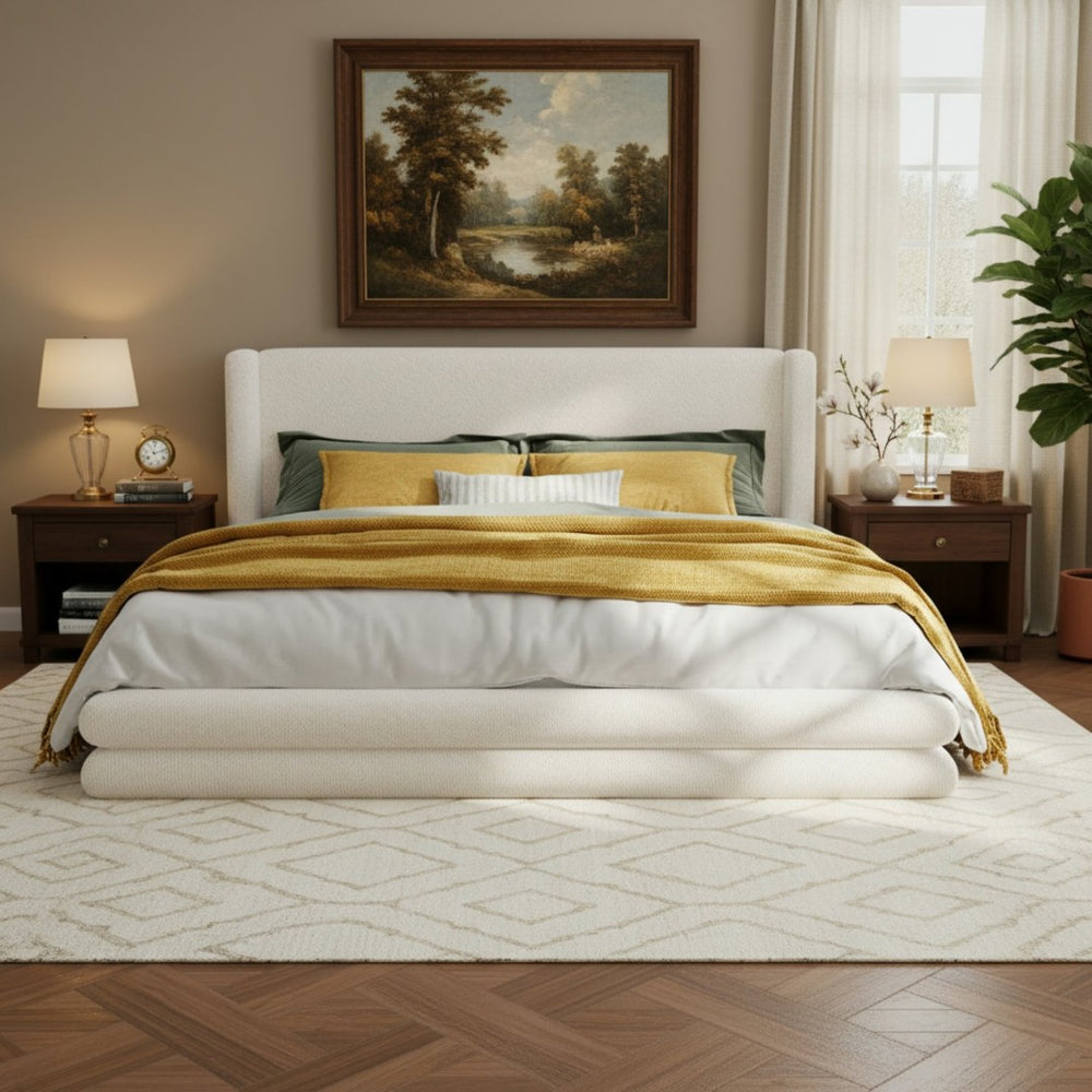 English Elm King Boucle Wingback Upholstered Bed Sculptural Arched Frame for Modern Bedroom N757K360458W