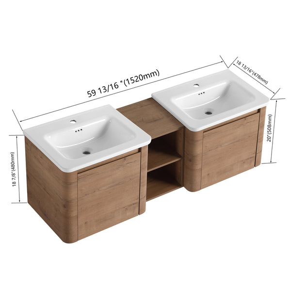 English Elm 60'' Wall-Mounted Vanity with White Ceramic Sink, Plywood Shelves, Soft-Close Door, Scratch & Water-Resistant Finish W999S00381