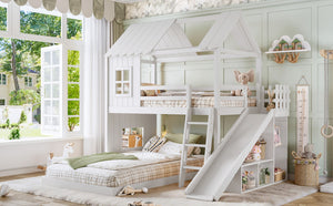 English Elm Twin Over Full Playhouse Bunk Bed with Slide Ladder Storage Shelves and Wardrobe Light White W5305S00039