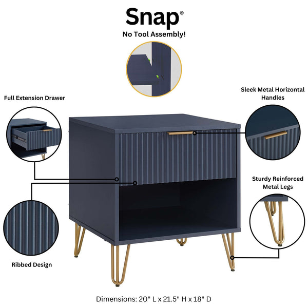 English Elm Dumbo 20" Midnight Blue Fluted Nightstand With Gold Accents - Stylish Storage For Modern Bedrooms B365P398140