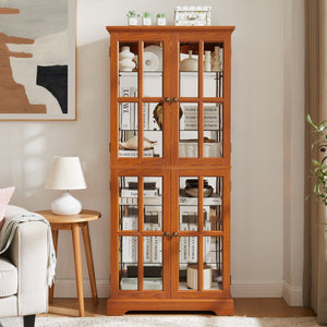 English Elm Curio Dark OAK Glass Cabinet with E26 Bulb, Vintage Lattice Doors, Adjustable Shelves, Sturdy Base W2275P292662