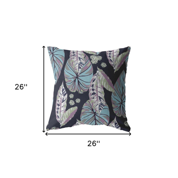 Homeroots 26” Blue Purple Tropical Leaf Indoor Outdoor Zippered Throw Pillow   413084