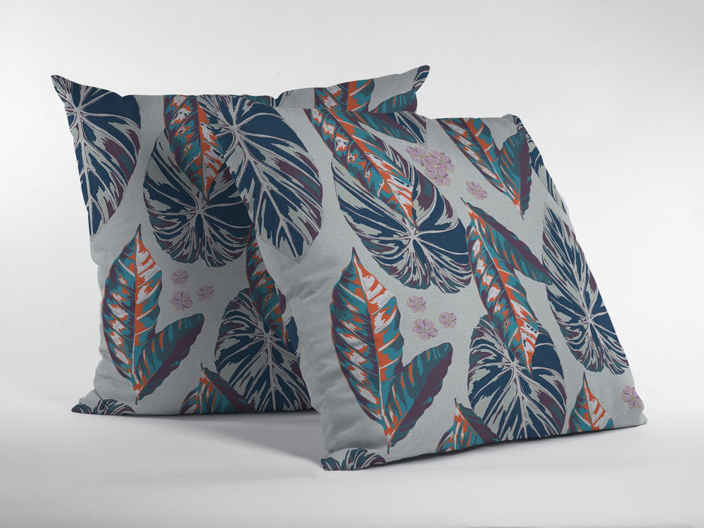 Homeroots 26” Blue Gray Tropical Leaf Indoor Outdoor Zippered Throw Pillow   413088