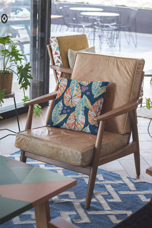 Homeroots 26” Orange Blue Tropical Leaf Indoor Outdoor Zippered Throw Pillow   413096