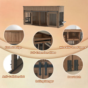 English Elm 71'' Walnut Woodgrain Dog Kennel Cabinet with Fluted Drawers and Built-in Power Station W5216S00002