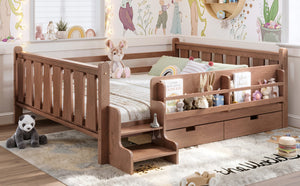 English Elm Queen Bunk Bed with Trundle Solid Pine Kids Car Themed Frame Built-in Bookshelf Natural W1580S00543