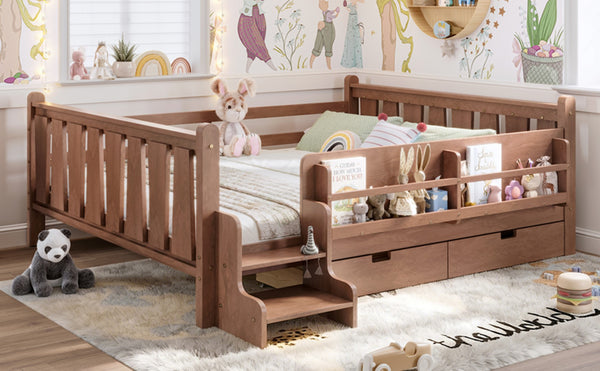 English Elm Queen Bunk Bed with Trundle Solid Pine Kids Car Themed Frame Built-in Bookshelf Natural W1580S00543