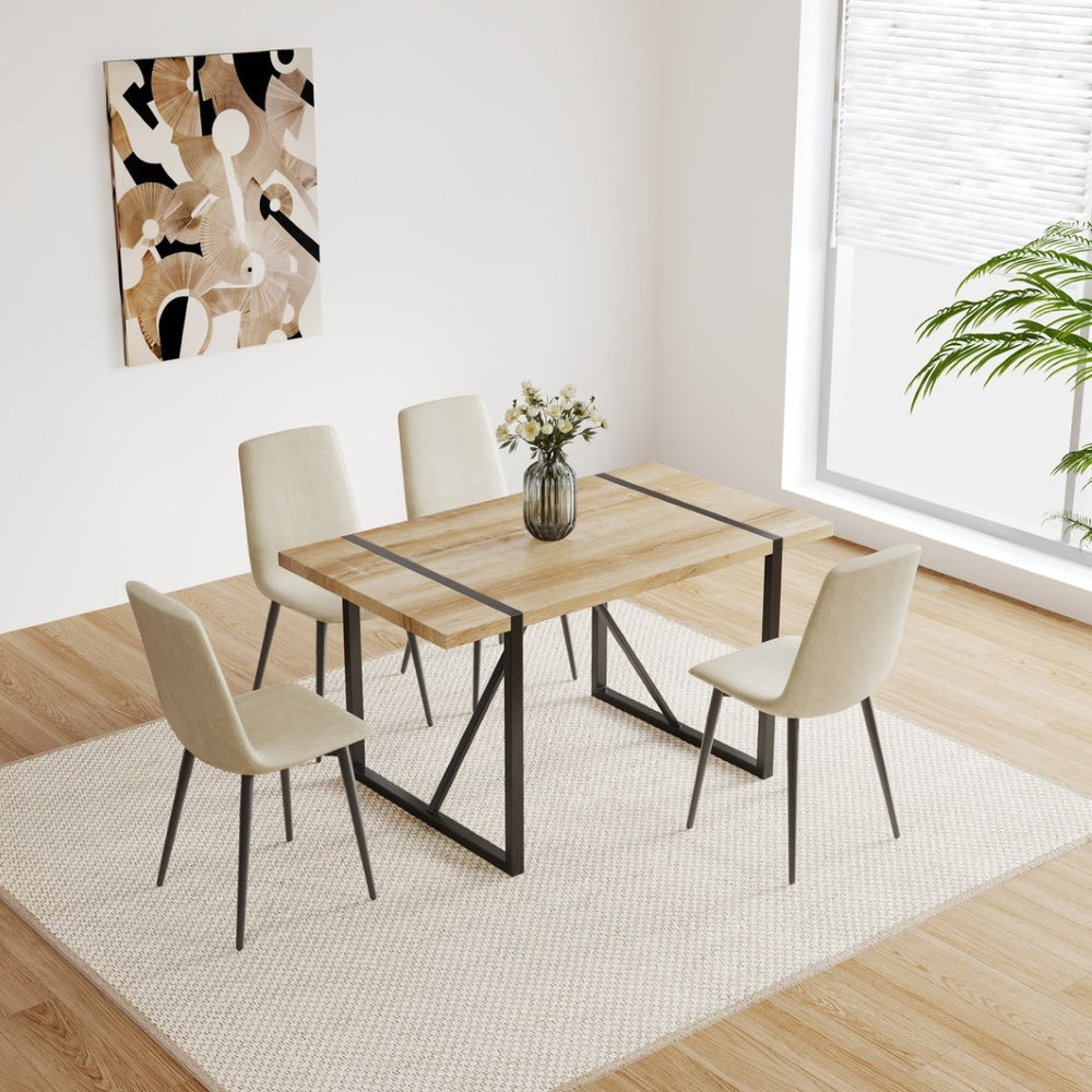 English Elm 55" Mid-century Mdf Square Dining Table with 4 Linen Chairs Metal Leg 5 Piece Set Natural+Beige W3732S00011