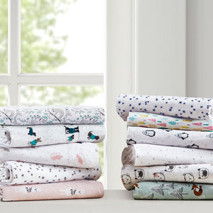 JLA Home Intelligent Design - 100% Cotton flannel sheet set with pigment-dyed vintage color, ultra-soft warmth, breathable comfort Grey/Pink Cats ID20-1555