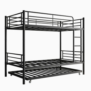 English Elm Twin Twin Bunk Bed with Trundle, Metal Frame Twin-Over-Twin Space-Saving Bunkbeds w/ Ladder & Guardrail W840P196829