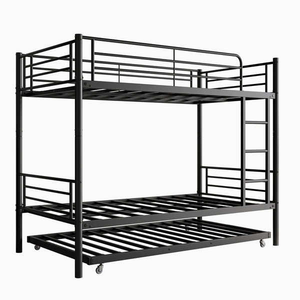 English Elm Twin Twin Bunk Bed with Trundle, Metal Frame Twin-Over-Twin Space-Saving Bunkbeds w/ Ladder & Guardrail W840P196829