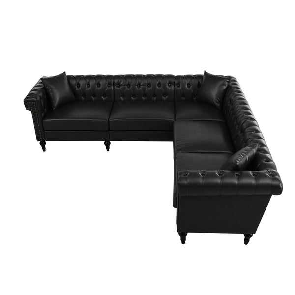 English Elm Sectional Chesterfield Sofa with Tufted Back Nailhead Trim Pu Leather 5 Seat Living Room Black W680S00112