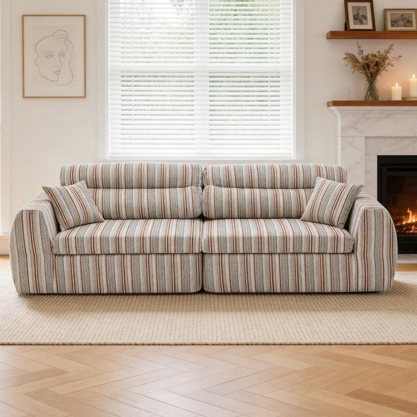 English Elm Chenille Stripe Velvet Sofa Three Seat Minimalist Upholstered Couch for Living Room Brown White W5532S00012