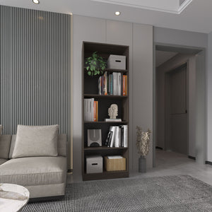 English Elm 4-Tier Bookcase Modern Vertical Storage in Dark Walnut & Black Wengue — Spacious, Eco-Friendly 4-Shelf Organizing Unit B097P350330